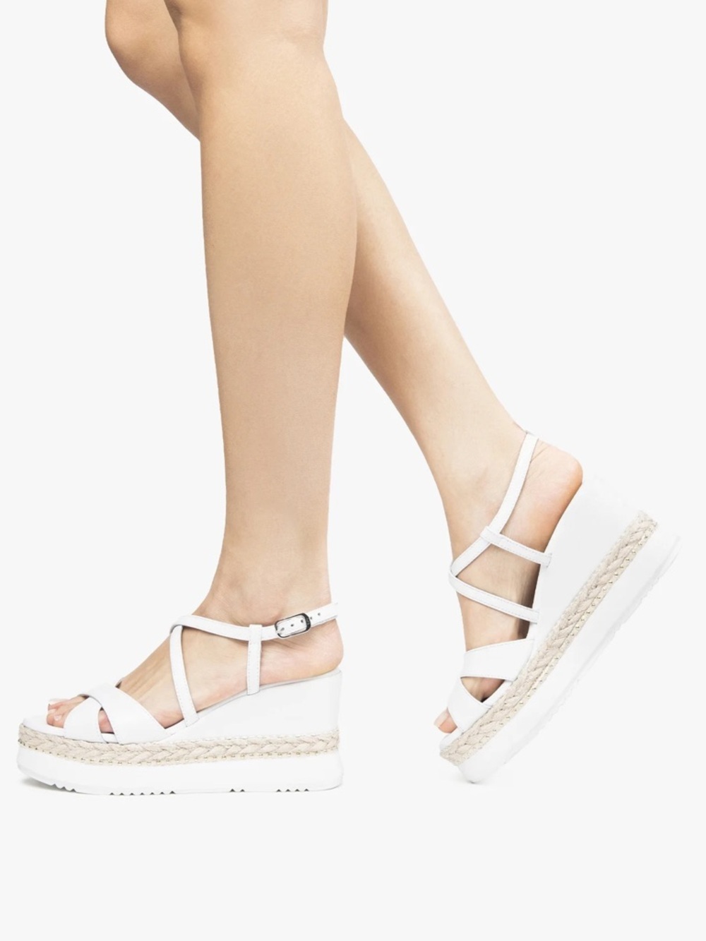 NERO GIARDINI WHITE CRISS CROSS BRAIDED ROPE WEDGE ANKLE STRAP SANDALS